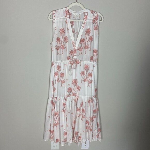 H&M Desmond & Dempsy Palm Tree Tropical Tiered Midi Dress Sleeveless Vacation - Picture 2 of 7